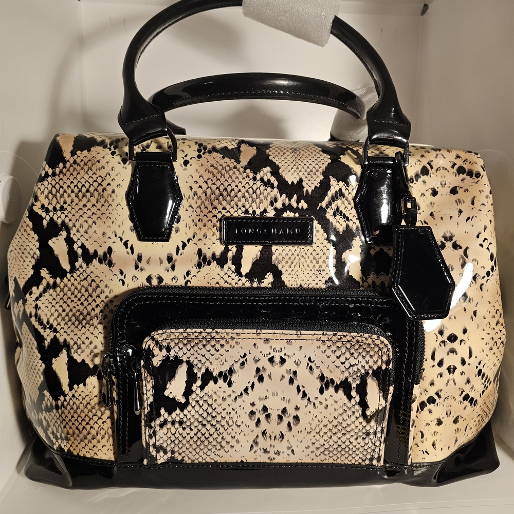 Longchamp Snake Print Patent Leather Handbag with Black Accents EUC With Dusty